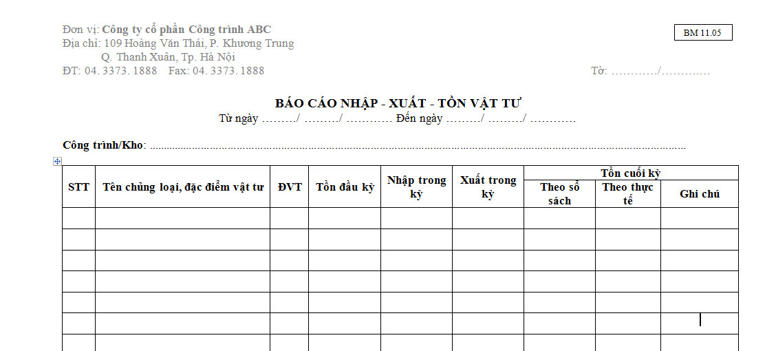 Báo cáo nhập xuất tồn vật tư